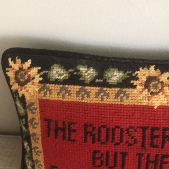 Needlepoint Decorative Pillow “The roosters crows but hen delivers the goods” - Picture 4 of 13